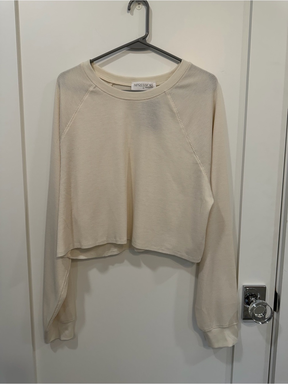 Impressions Cream Waffle-Knit Cropped Long-Sleeve Top